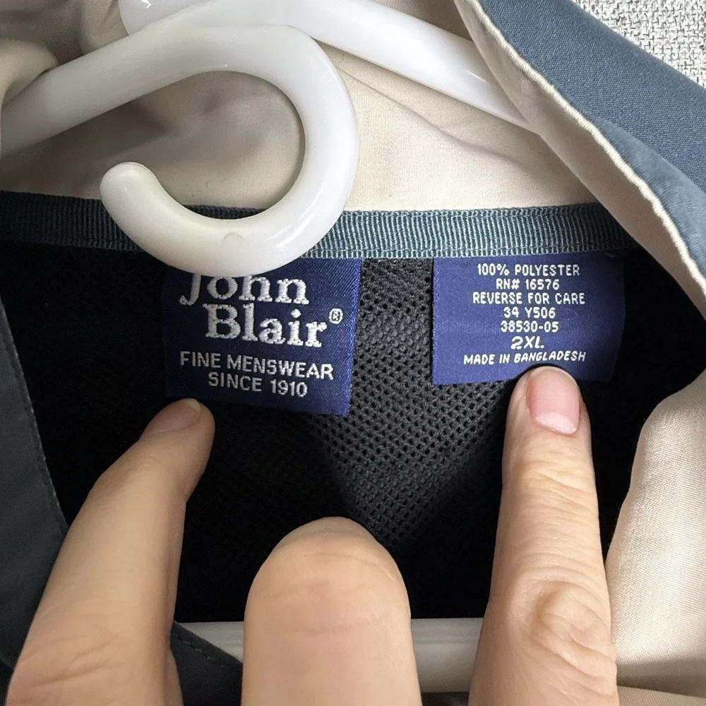 John Blair Men's Full Zip Bomber Jacket Windbreaker Blue Gray And Tan 2XL/XXL‎